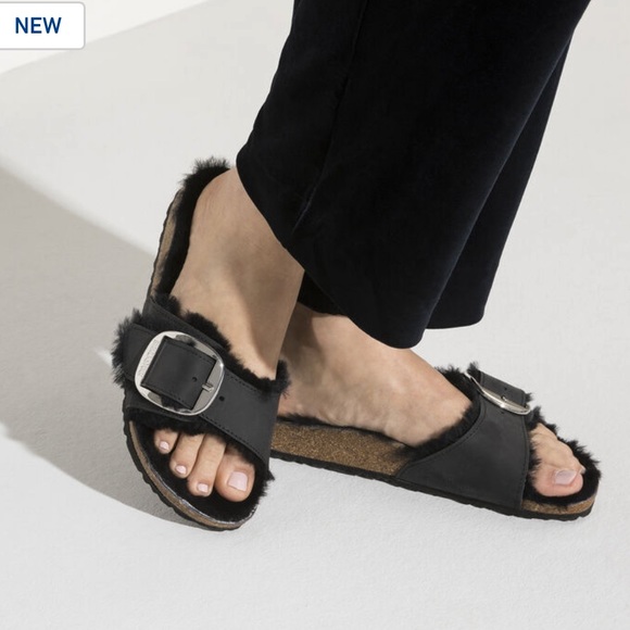 BIRKENSTOCK x Free People Madrid Big Buckle 6 & 9 Black Suede Genuine Shearling - Picture 2 of 14